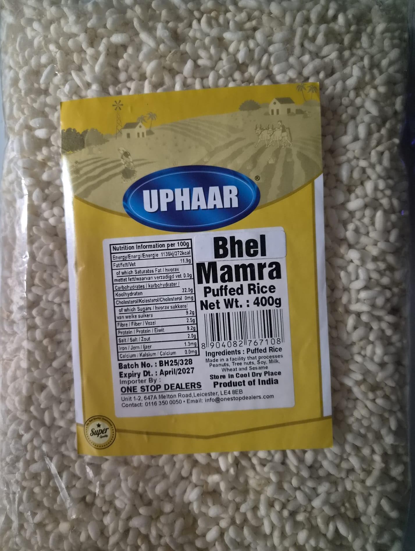 Uphaar Bhel Mamra Puffed Rice 400g (Pack of 1) – Light & Crispy Murmura | Puffed Rice for Bhel Puri, Chivda & Snack Mixes | Ready to Use Vegetarian Pantry Staple
