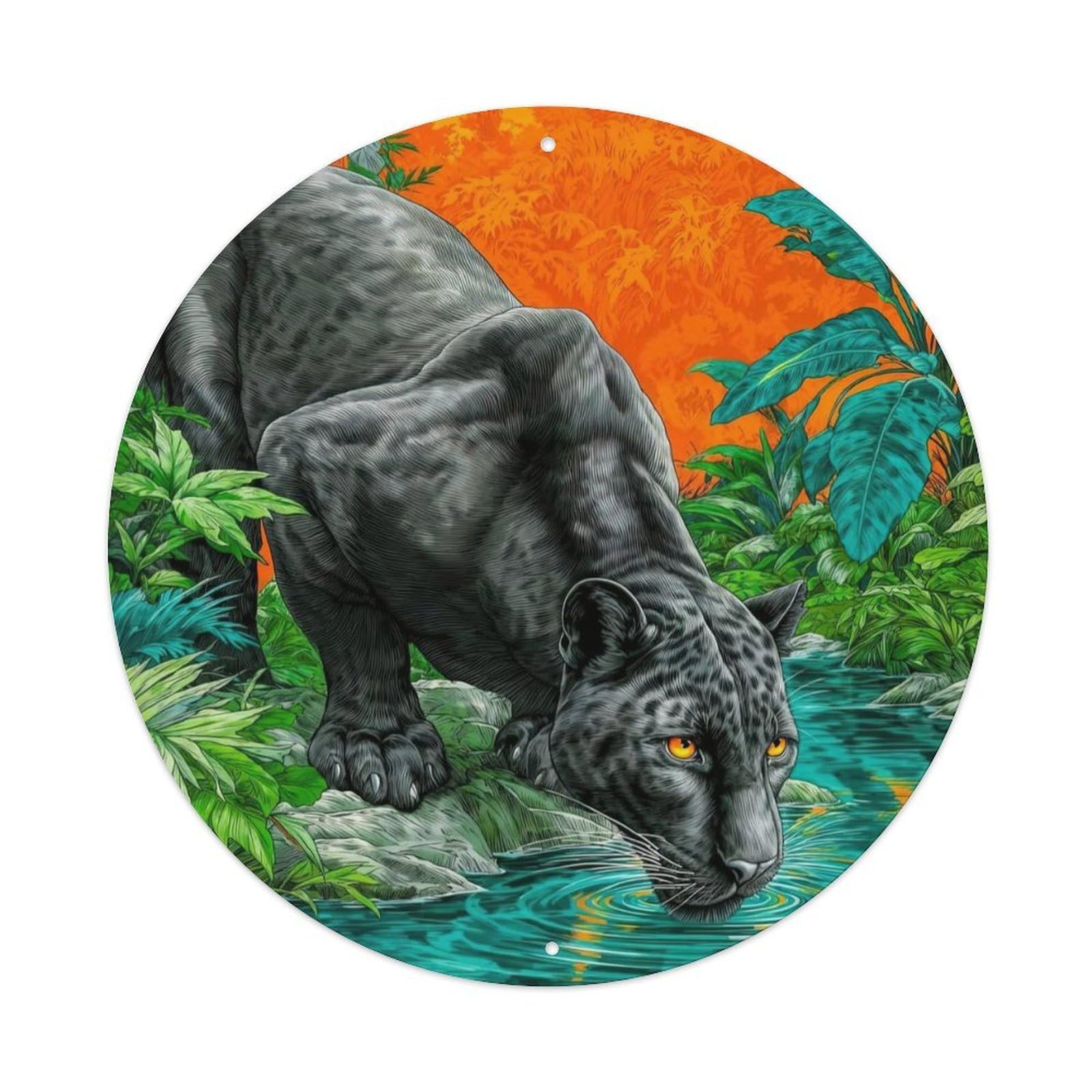 Animal Black Panther Drinking Water in Tropical Jungle Sunset Vintage Metal Tin Sign Plaque Wall Decor for Cafe, Club Bar, Office, Garden Metal Poster 8x8Inch