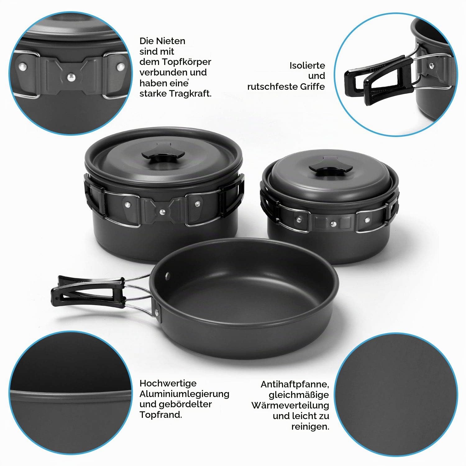 Odoland Kochgeschirr Camping-Set mit Töpfen und Pfanne Tasse Teller Besteck faltbar Geschirr für 1-2 Personen leicht und kompakt für Camping Trekking Picknick Wandern