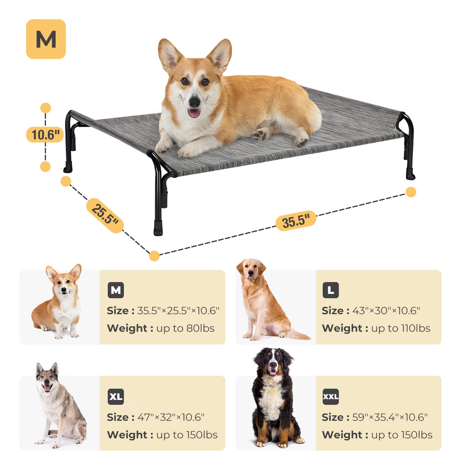 Veehoo Cooling Elevated Dog Bed, Outdoor Raised Dog Cots Bed for Medium Dogs, Chew Proof Standing Pet Bed with Washable Breathable Mesh, No-Slip Feet for Indoor Outdoor, Medium, Black Silver