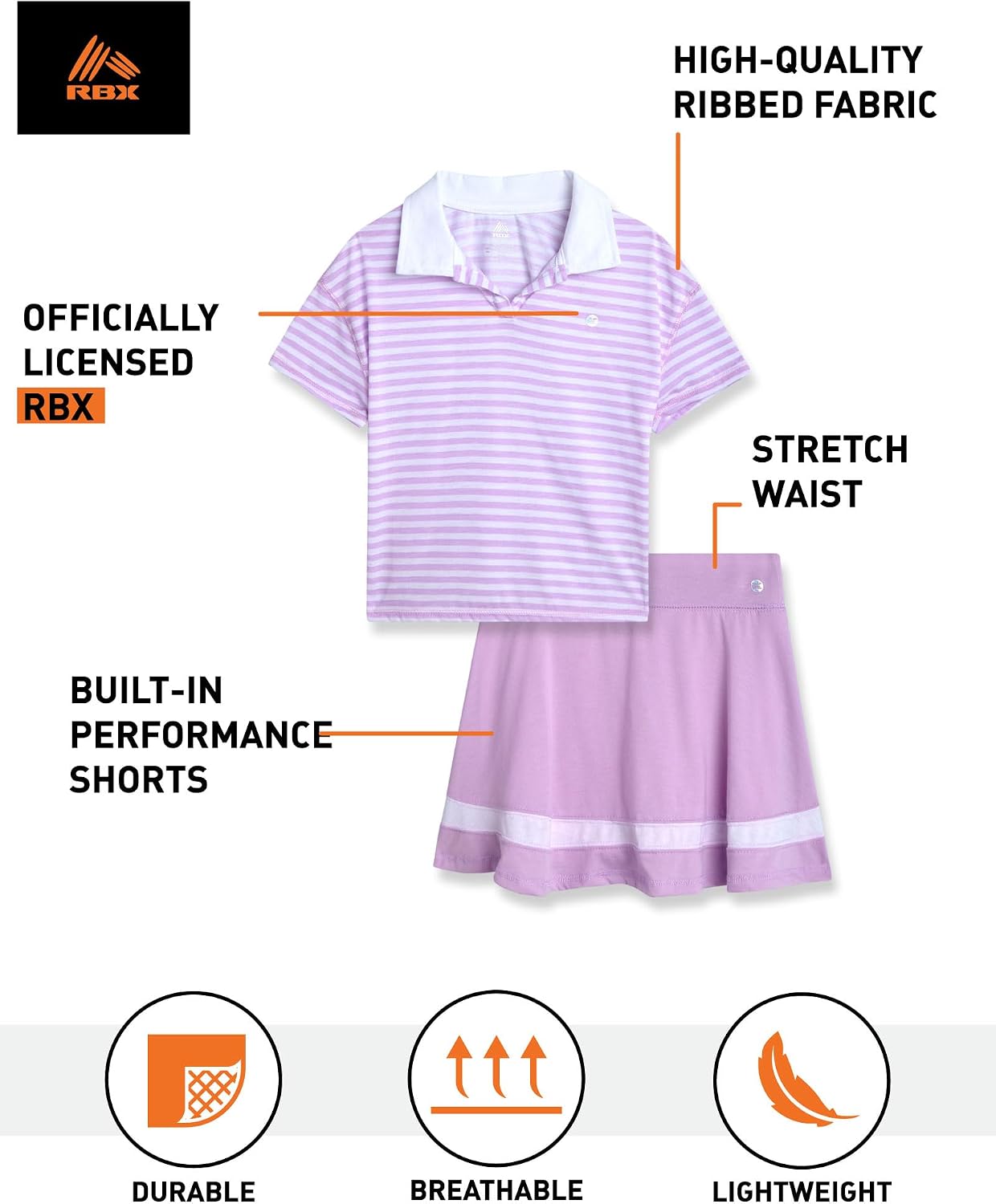 RBX Girls Skirt Set - 2 Piece Lightweight Ribbed Polo Shirt and Stretch Performance High Waist Athletic Skorts for Girls