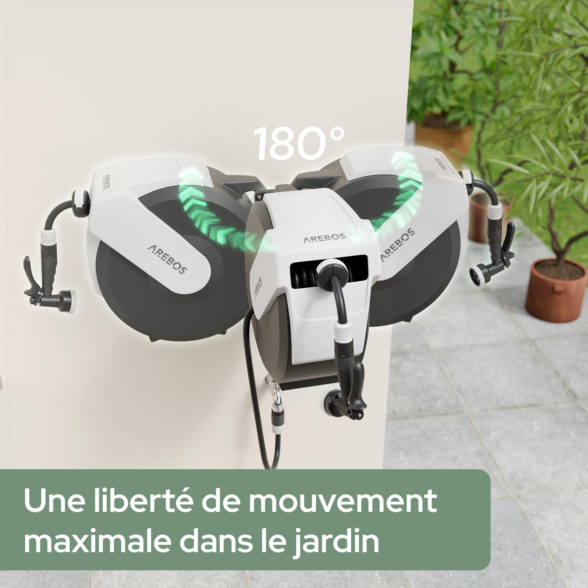 Arebos Enrouleur de Tuyau 25 m Automatique | Dévidoir Mural avec Tuyau Multicouche | Pivotant à 180° | Système de Blocage | 7 Modes d'Arrosage