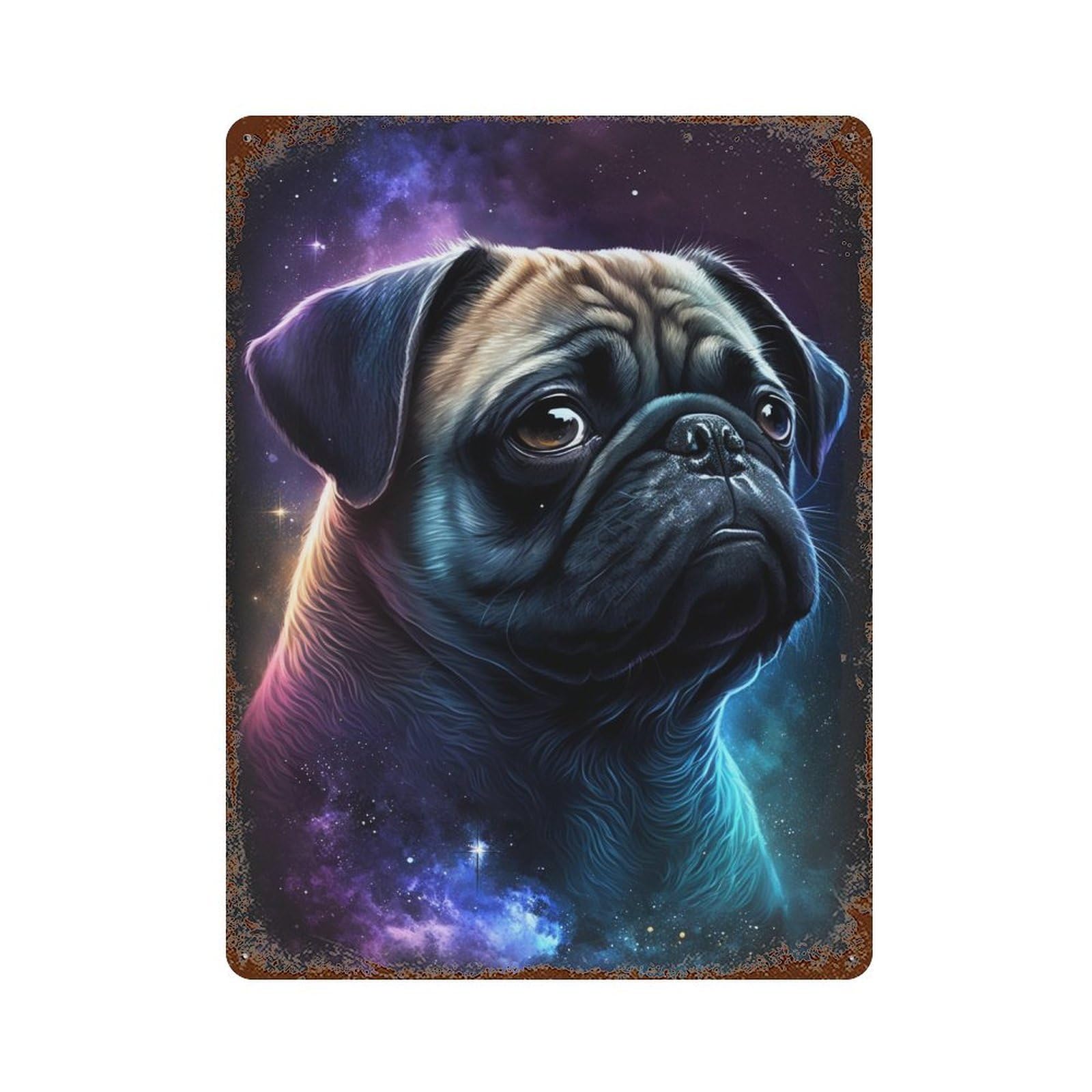 Cosmic Pug Portrait Print-4 Vintage Metal Tin Sign 15.7"x11.8", Old School Wall Decor for Living Room, Hallway And Home Decor