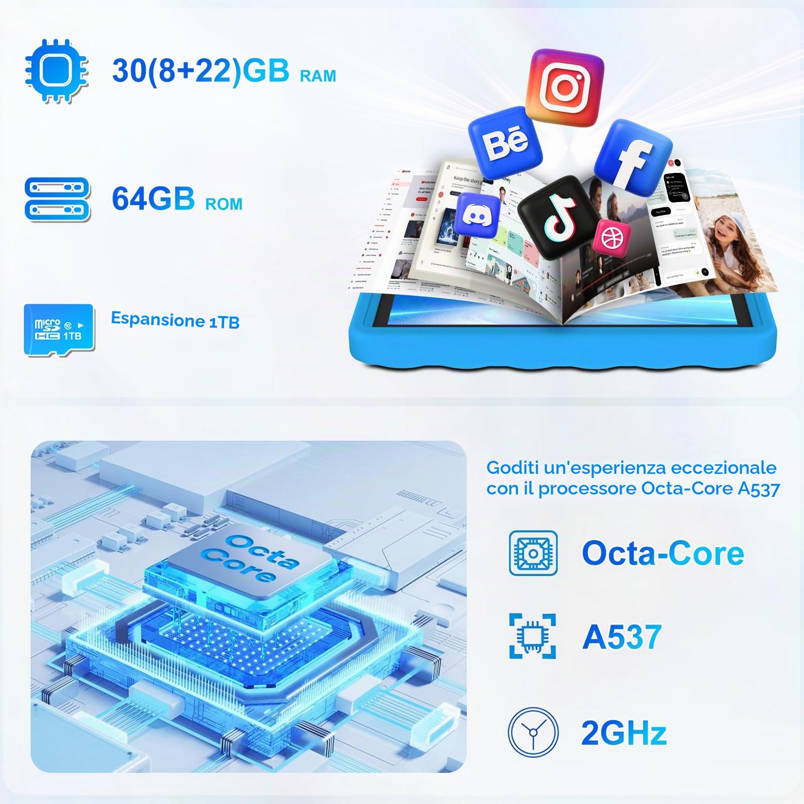 DMOAO Tablet Bambini 10 Pollici Android 15 con 30GB RAM, 5G Wi-Fi 6, 64GB ROM(2TB), Control Parental, Octa-Core, 8MP+5MP, 6000mAh, Custodia Protettiva EVA + Supporto Girevole a 360°, Blu