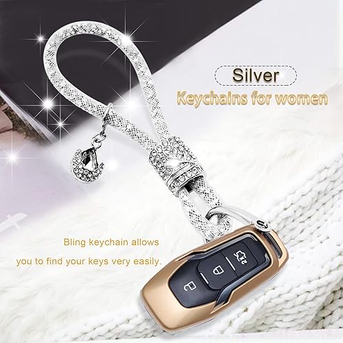 Miniatura 7 de Llavero de cristal para mujer, llavero de moda con diamantes de imitación, decoración de llaves para mujer, universal para llave de coche (plateado)