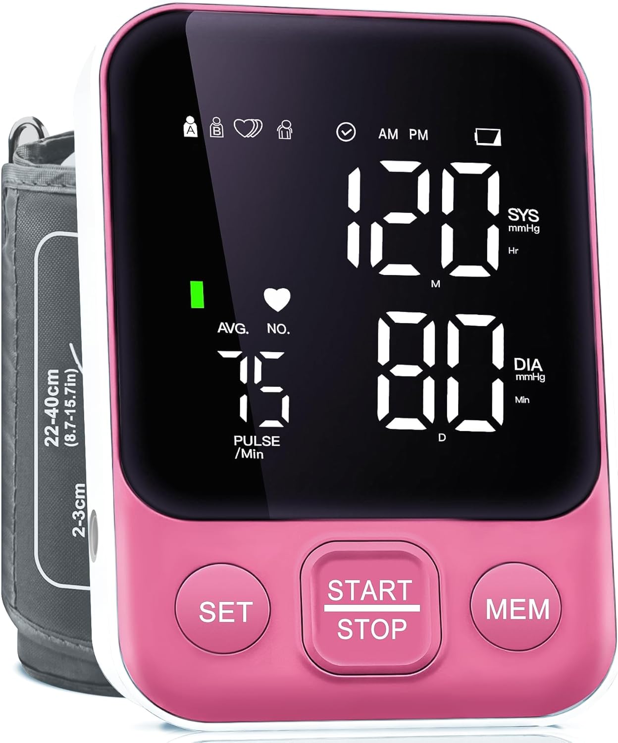 Blood Pressure Monitor Upper Arm Monitors for Home Use BP Machine with 2x120 Reading Memory Adjustable Arm Cuff 8.7"-15.7" Large Display with LED Background Light Storage Bag Pink
