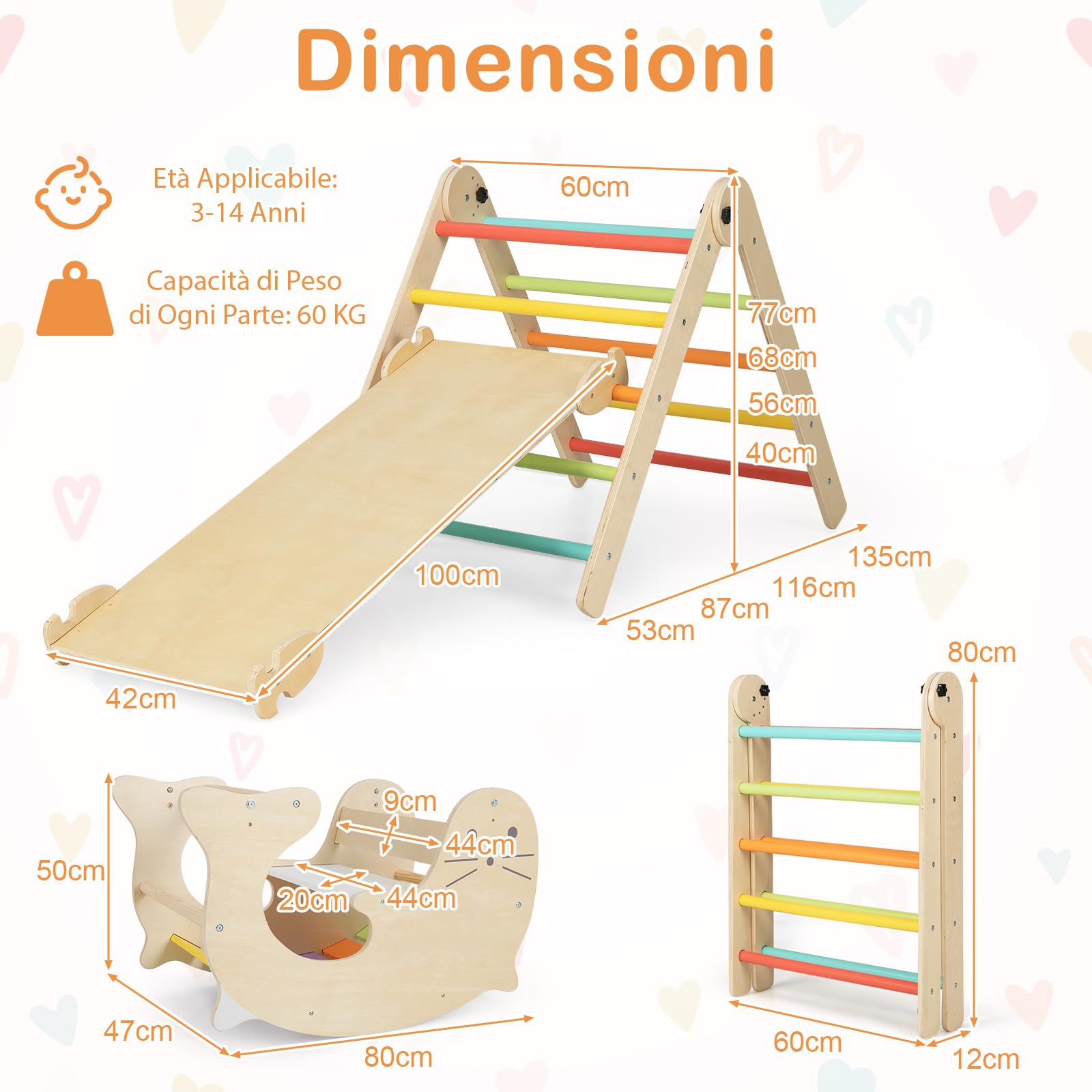 COSTWAY 7 in 1 Set di Arrampicate per Bambini, Arrampicatore Pieghevole in Legno con Scivolo Reversibile, Dondolo e Arrampicata, Tavolo e Tunnel, per Bambini 3-14 Anni (Colorato)