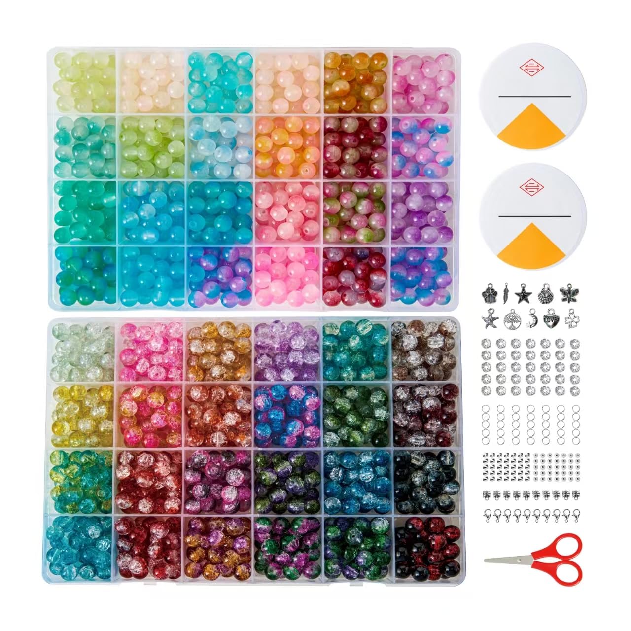 1300 Pcs Glass Beads for Jewelry Making – 8mm Beads in 48 Colors, 2 Box Set of Bulk Glass Beads for Bracelets, Crafts & DIY Gifts
