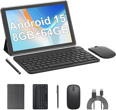 2 in 1 Tablet 10 Inch Android 15 Tablets with Keyboard 64GB ROM 8GB RAM Support 1TB expansion 10.1" Tablet include Mouse Case Stylus Tab 8MP+2MP Cameras 6000mAh Battery Bluetooth Wifi6 Android Tableta