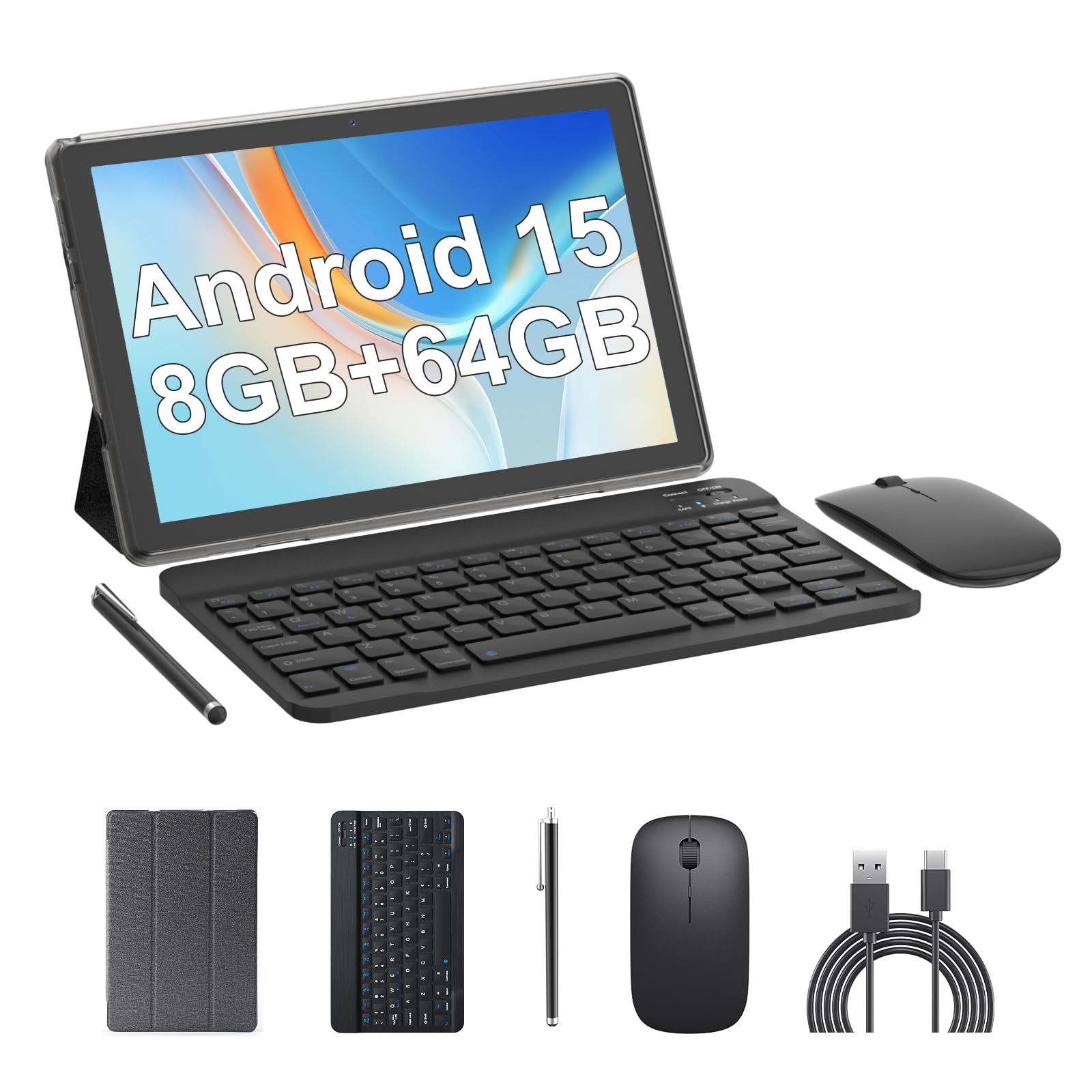 2 in 1 Tablet 10 Inch Android 14 Tablet with Keyboard 64GB ROM 8GB RAM 1TB expansion 10.1" Tablets include Mouse Case Stylus 10 IN Tab 8MP+2MP Cameras 6000mAh Battery Bluetooth Wifi6 Android Tableta.