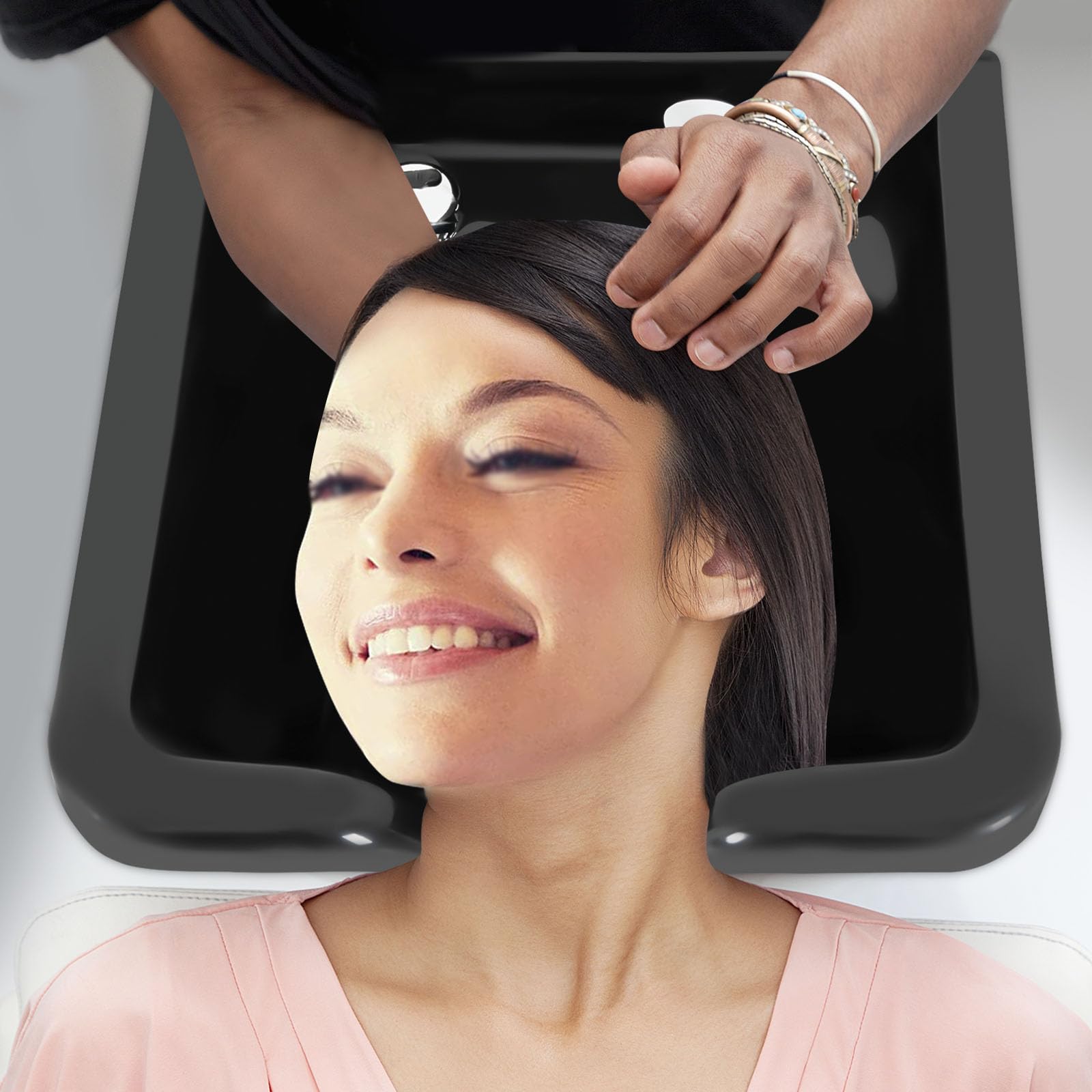 Salon Shampoo Waschbecken, Mobiles Waschbecken Friseur, Schwarz ABS Kunststoff Shampoo Becken mit Wasserhähne und Schläuche, Haarwaschbecken, 47.5x49x25cm
