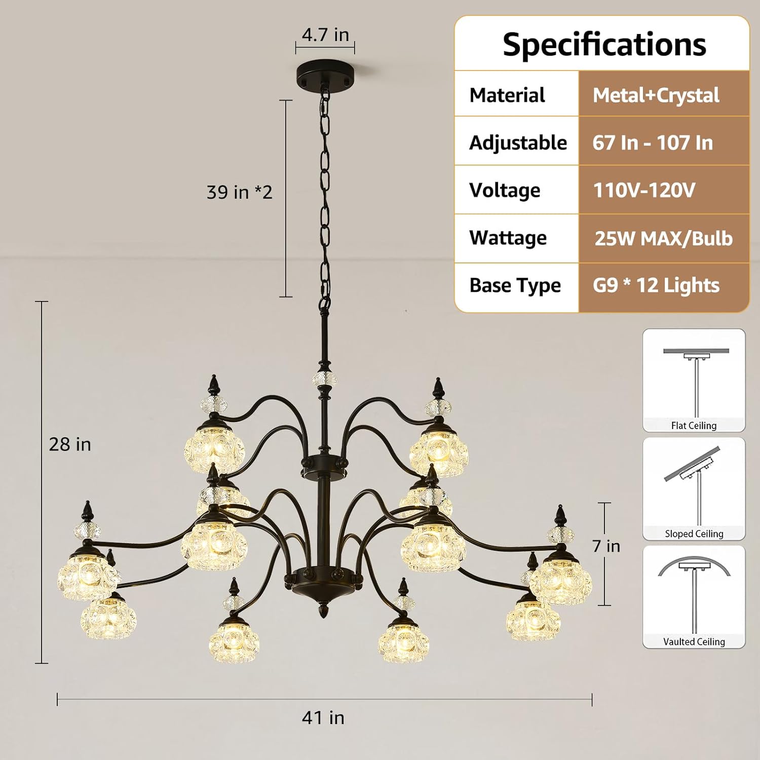 2 Tier Vintage Crystal Chandelier, 41-inch Black Victorian Chandelier 12-Light, Antique Pendant Light for Living Room, Bedroom, Dining Room, High Ceiling, G9