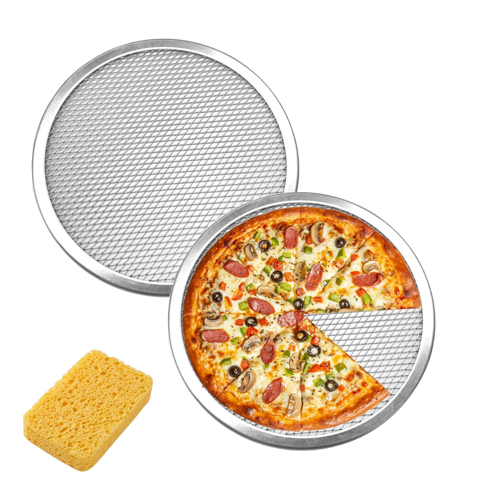 DYUEE 12in Aluminum Pizza Screen Non Stick Pan Round Pizza Mesh Baking Trays, 2 Pack Mesh Screen with Hole Seamless Rim for Baking Home Kitchen Restaurant