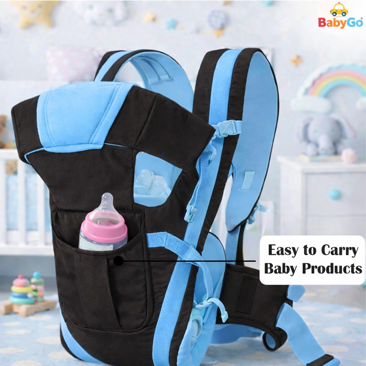 BabyGo Kid Seat Baby Hip Carrier 4-in-1 Adjustable Baby Carrier Cum Kangaroo Bag|for 6 to 24 Months Baby|Newborn to Toddler Carrier|Safety Belt & Buckle Straps|Up to 15 Kgs (Black & Blue) 4