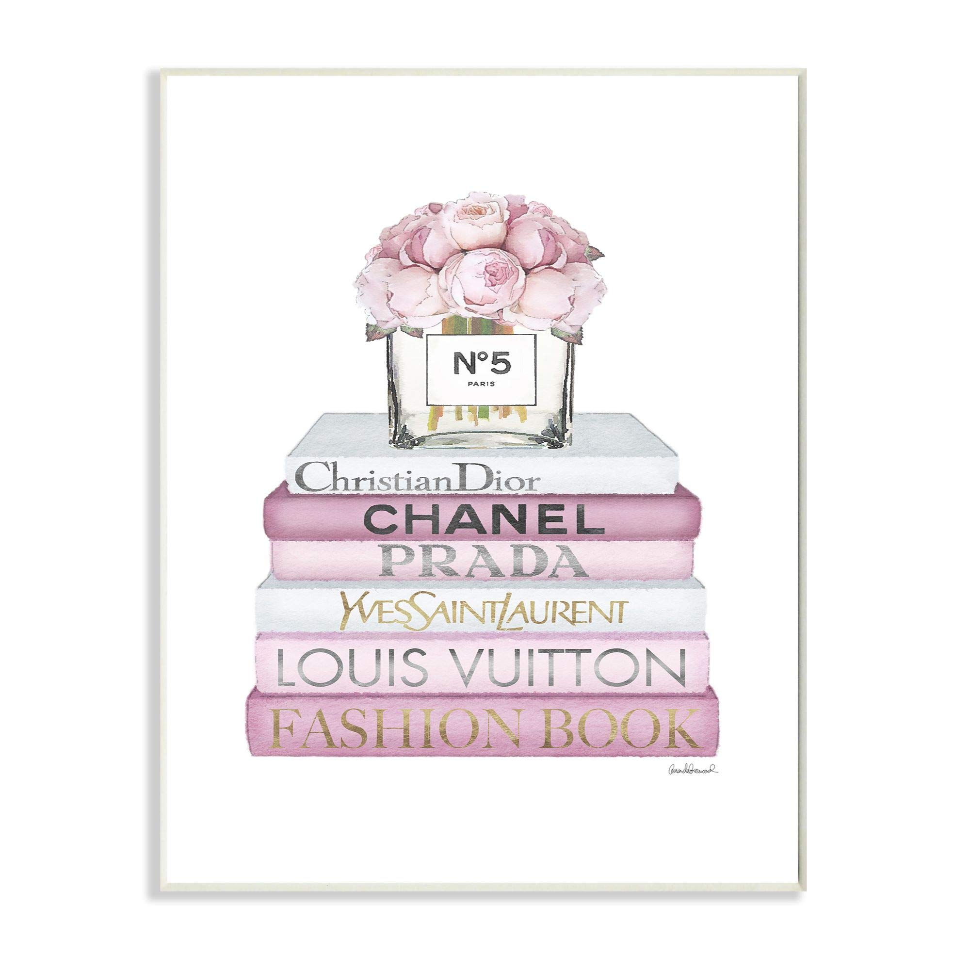 Stupell Industries Fashioner Flower Bookstack Pink White Watercolor, Design by Artist Amanda Greenwood Wall Art, 10 x 15, Wood Plaque