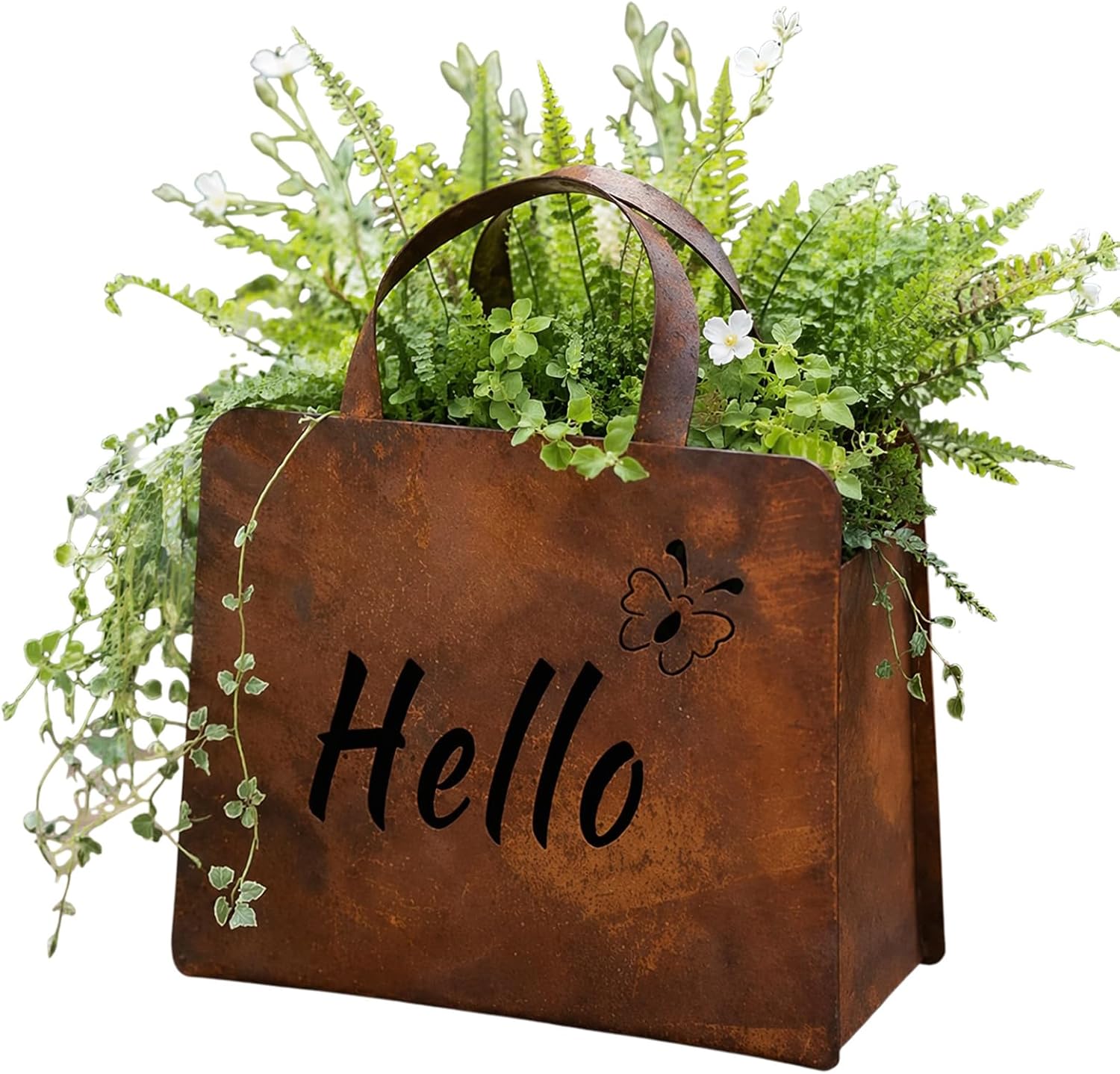 1PCS Rustic Metal Handbag Planter, Metal Purse Planter with Curved Handle, Hello Welcome Purse Flower Box for Wedding Home Garden Patio Lawn, Vintage Farmhouse Garden Decor