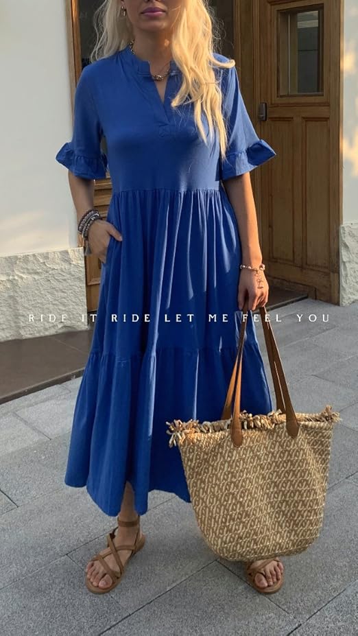 Mieazom Short Sleeves Maxi Dress for Women A Line Summer Dress V