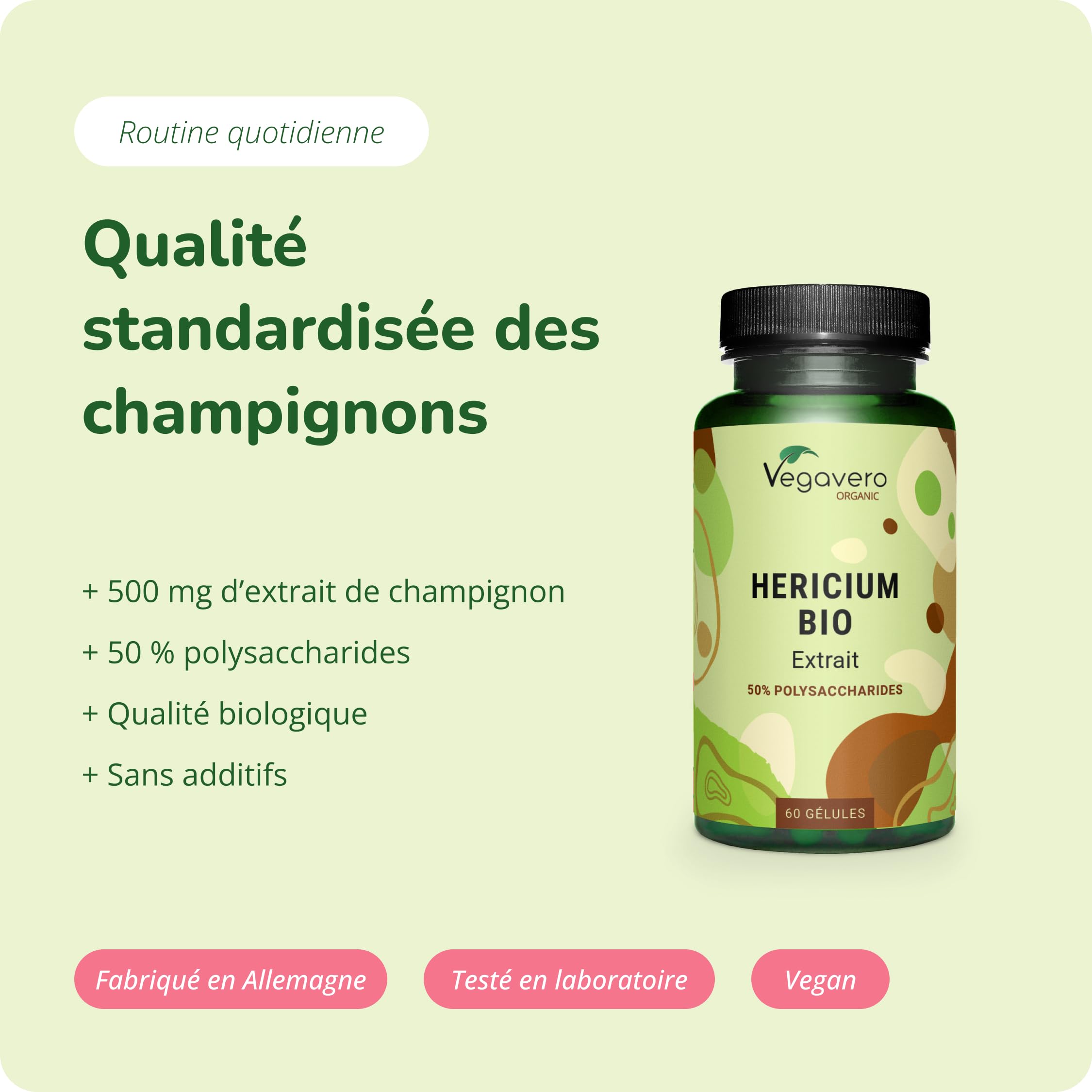 HERICIUM Erinaceus BIO | 10 000 mg (20:1) | Adaptogène + Mémoire | Lions mane | 50% Polysaccharides | VEGAN et SANS ADDITIFS | 60 Gélules | Vegavero®