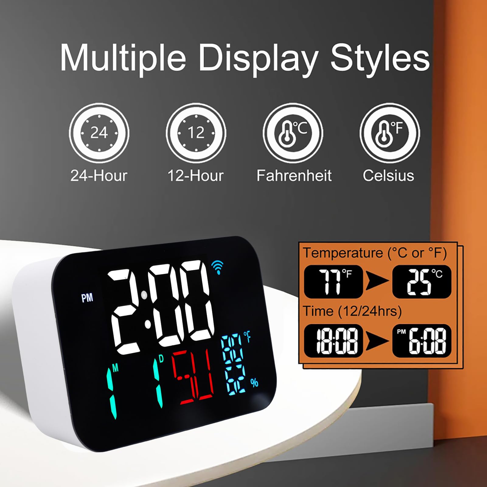 Horloge Connectée Wi-FI Affichage de L'heure,de la Date et du Jour la Semaine Grand écran LED,Quatre Niveaux de Luminosité Réveil Bureau Synchronisation (Coquille Blanche - Lumière Blanche)