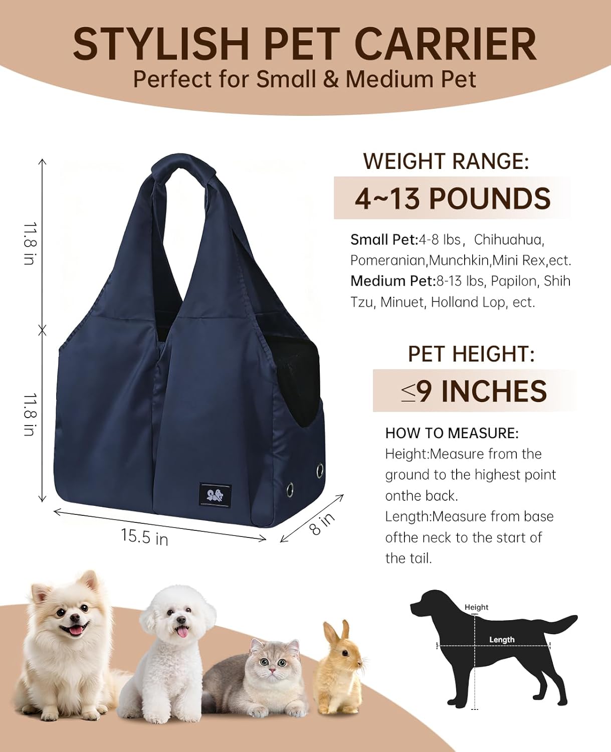Dog Purse Carrier for Small Dogs and Cats, Soft-Sided Collapsible Pet Tote Bag with 4 Large Pockets & Support Cushion, Breathable Lightweight Travel Carrier Fits Pets up to 13 lbs, Blue