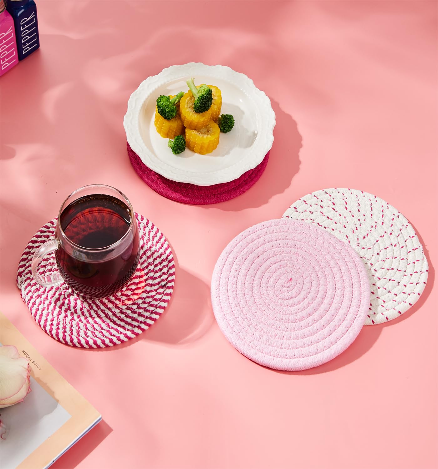 VICUKIE Dessous De Plat Rose Pour Plats Chauds, 18,5 Cm, Matériau En Coton, Essentiels De Cuisine, Décoration De Cuisine De Ferme