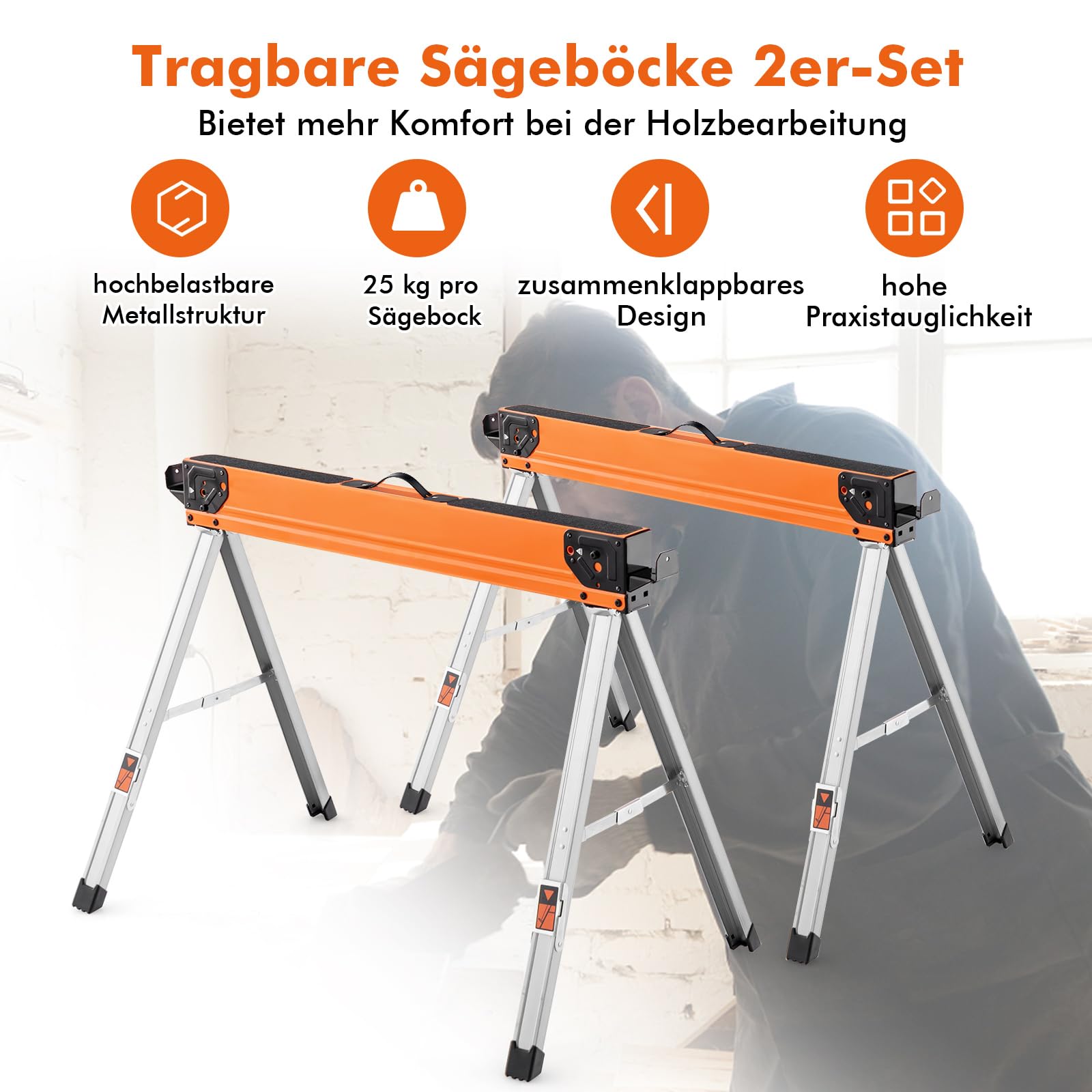 COSTWAY 2er-Set Sägeböcke Klappbar, Tragbare Arbeitsböcke bis 500 kg belastbar, Sägebock mit Griff, robuste Metall-Sägehilfen Gerüstbock für Holzbearbeitung