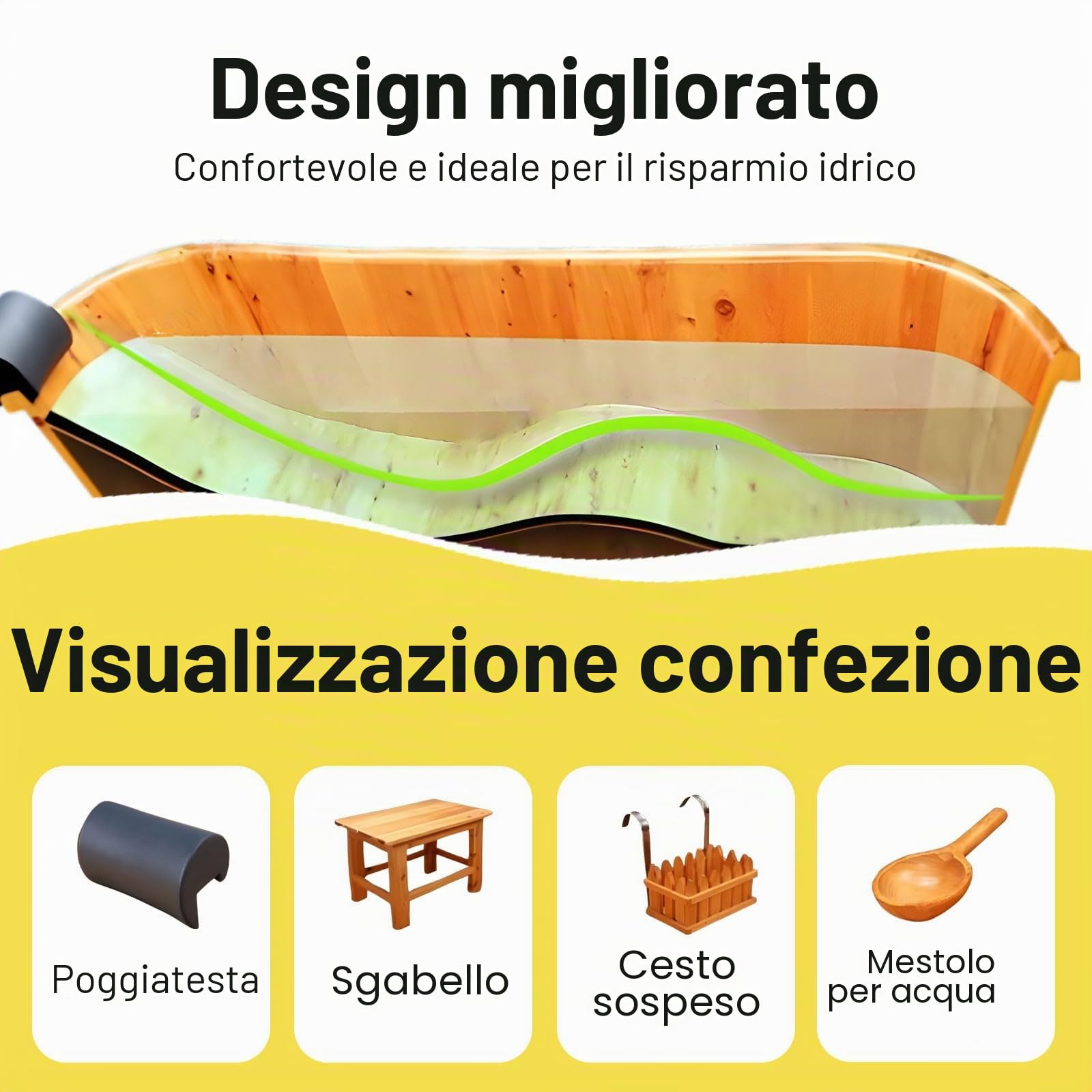 Vasca da Bagno in Legno Massiccio, Vasca da Bagno di Lusso con Poggiatesta, Vasca da Bagno per Adulti con Cestino Appeso, Carico Massimo: 400 kg, per Casa, Hotel