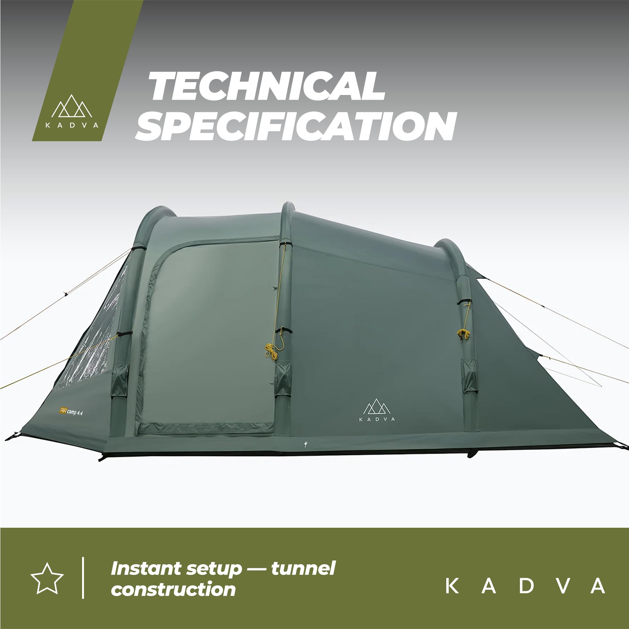 KADVA Namiot Kempingowy AIRcamp 4. 4 Osobowy z Pompką Konstrukcja Tunelowa 440 x 180 x 140 cm Wodoodporność 3000 mm Przestronność Daszek nad Wejściem Duża Powierzchnia Spania Kolor Zielony