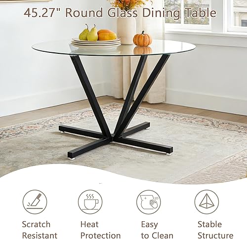 Miniatura 3 de Juego de mesa de comedor de cristal negro de lujo moderno de 45 pulgadas para 6, 7 piezas redondas de vidrio templado para cocina y comedor con Mesa