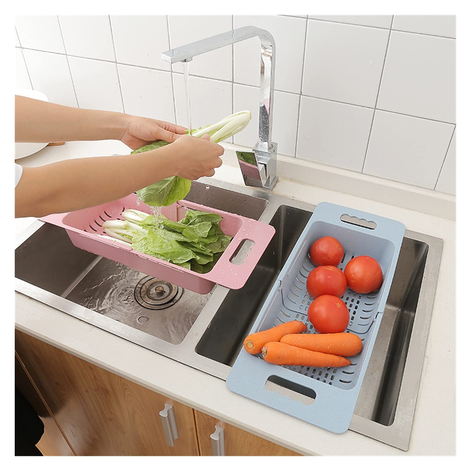 Colador Drenaje Cesta de Vegetales Colapsibles Colador Frutas y Verduras Cesta de Drenaje Stradero Ajustable sobre el Fregadero para la Cocina Coladores de Alimentos (Color : Blue)