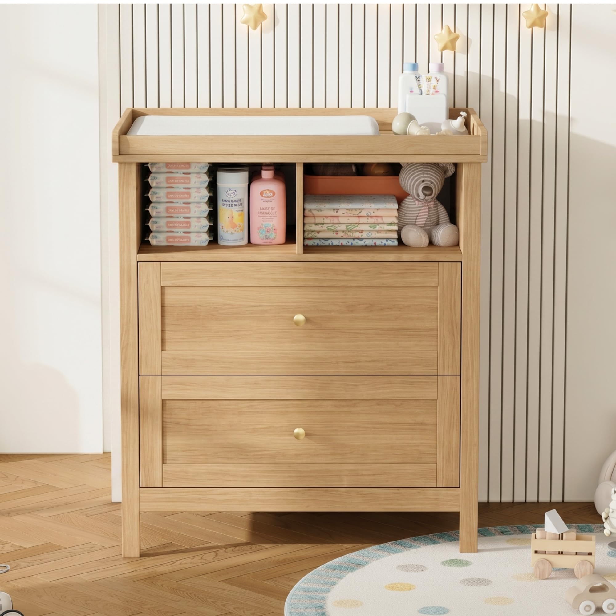 Merax Fasciatoio con fasciatoio multifunzione, fasciatoio per bambini con fasciatoio rimovibile, cassettiera con cassetti e spazio portaoggetti, fasciatoio convertibile, effetto legno, 82 x 50 x 90 cm