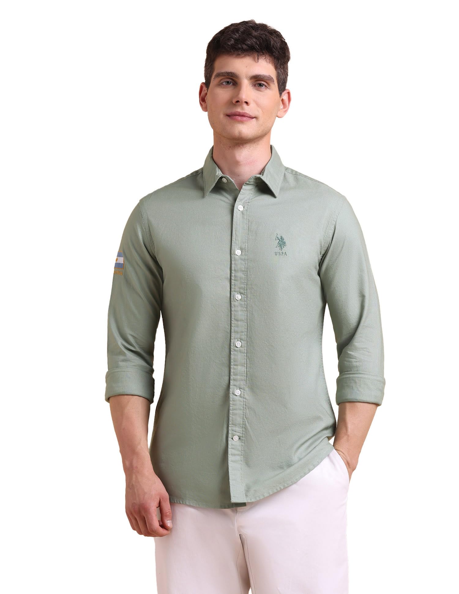 U.S. POLO ASSN. Men's Solid Tailored Fit Shirt - Green, L - Image 1
