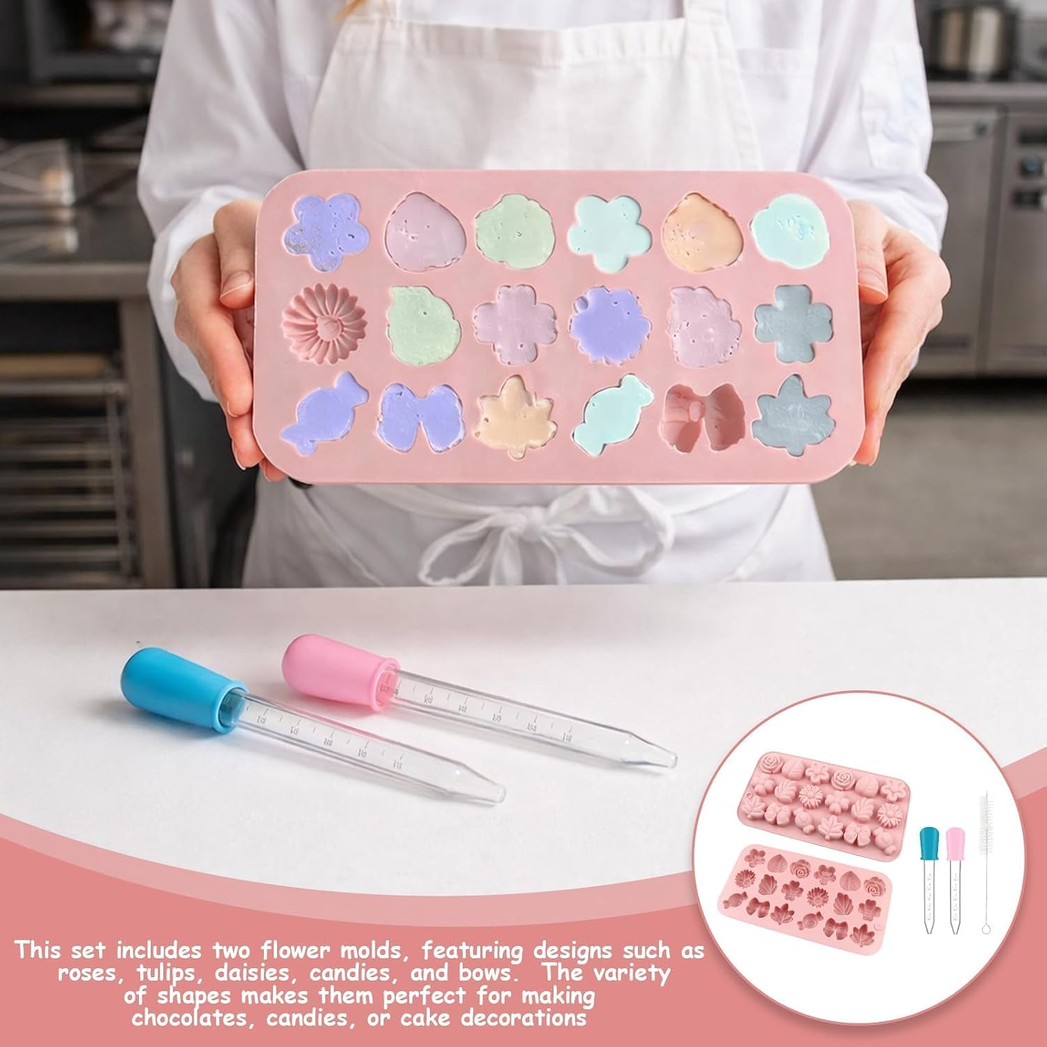 Flower Candy Molds Silicone 2PCS Daisy Rose Tulip Baking Set | Candy,Jello,Ice,Pudding,& Soap Making,Non-Stick & Flexible,Unique Floral Shapes With 2 Droppers