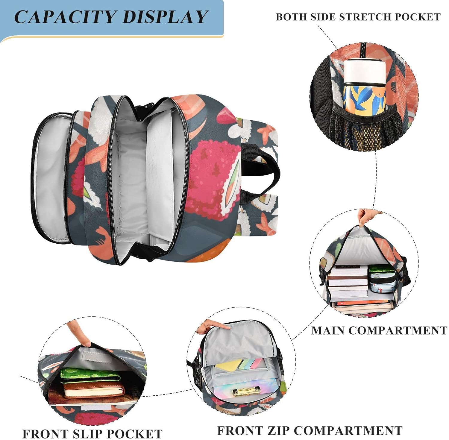 Japanese Sushi and Rolls Backpack School Bag Lightweight Laptop Backpack Student Travel Daypack with Reflective Stripes