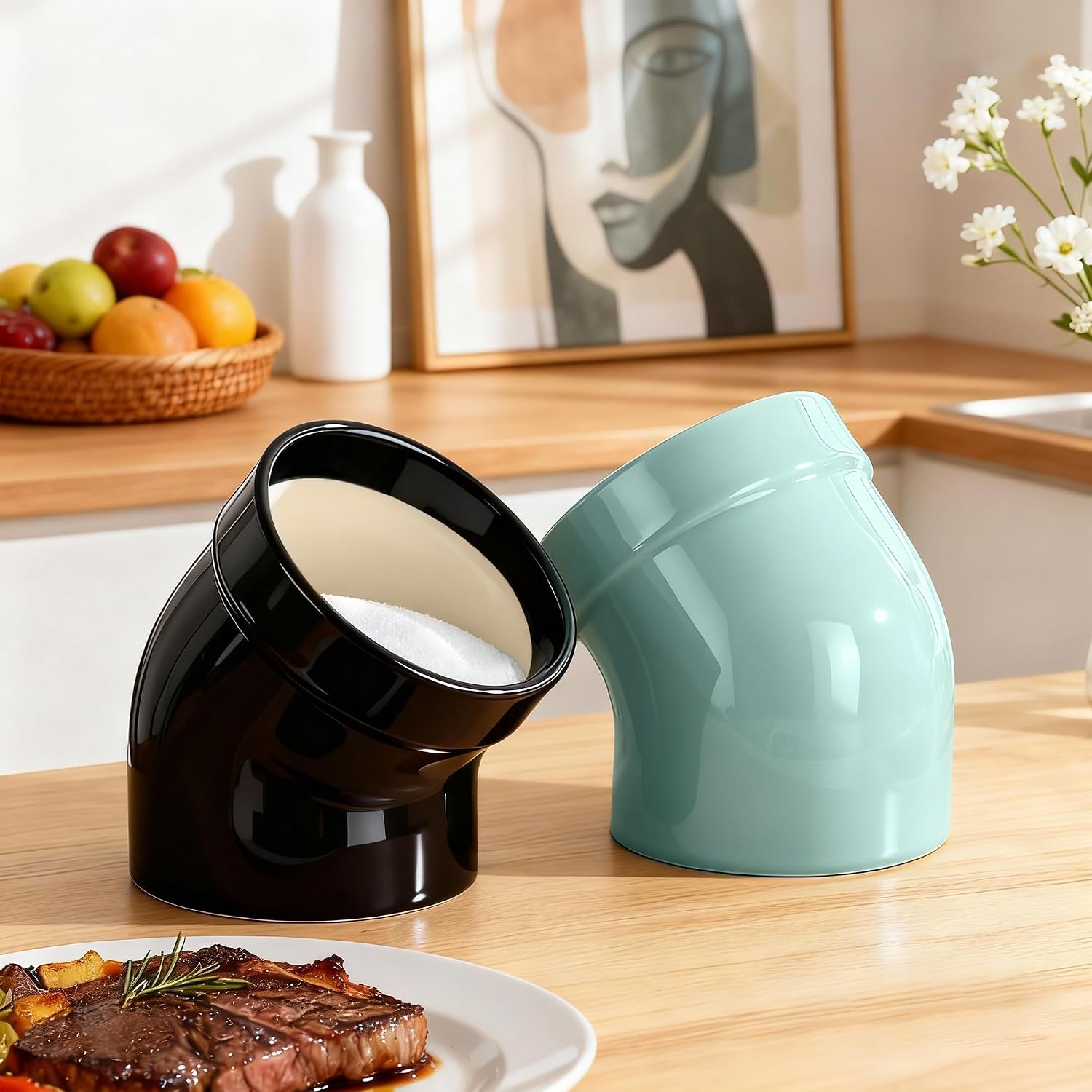 Salt Pig, Dishwasher Safe Ceramic Salt Cellar Modern and Minimalist, Salt Pig Ceramic for Convenient Access to Seasoning, Wide Caliber Salt Holder for Counter (Black)