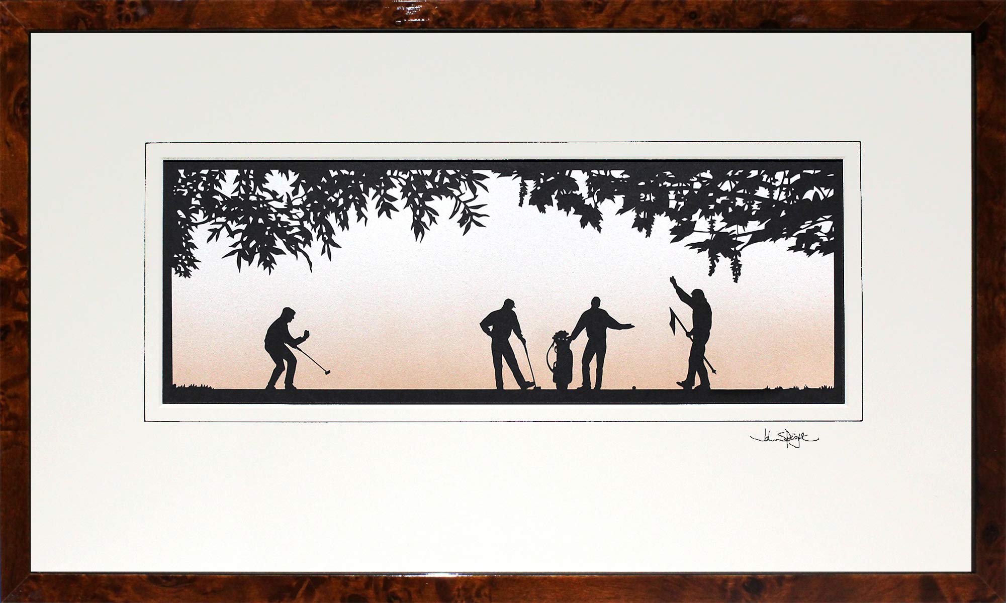 Golf Putting Green Golfers Original Signed Hand Cut Silhouette Papercut Art by John Speight in Walnut Veneer Frame - Gift for Him
