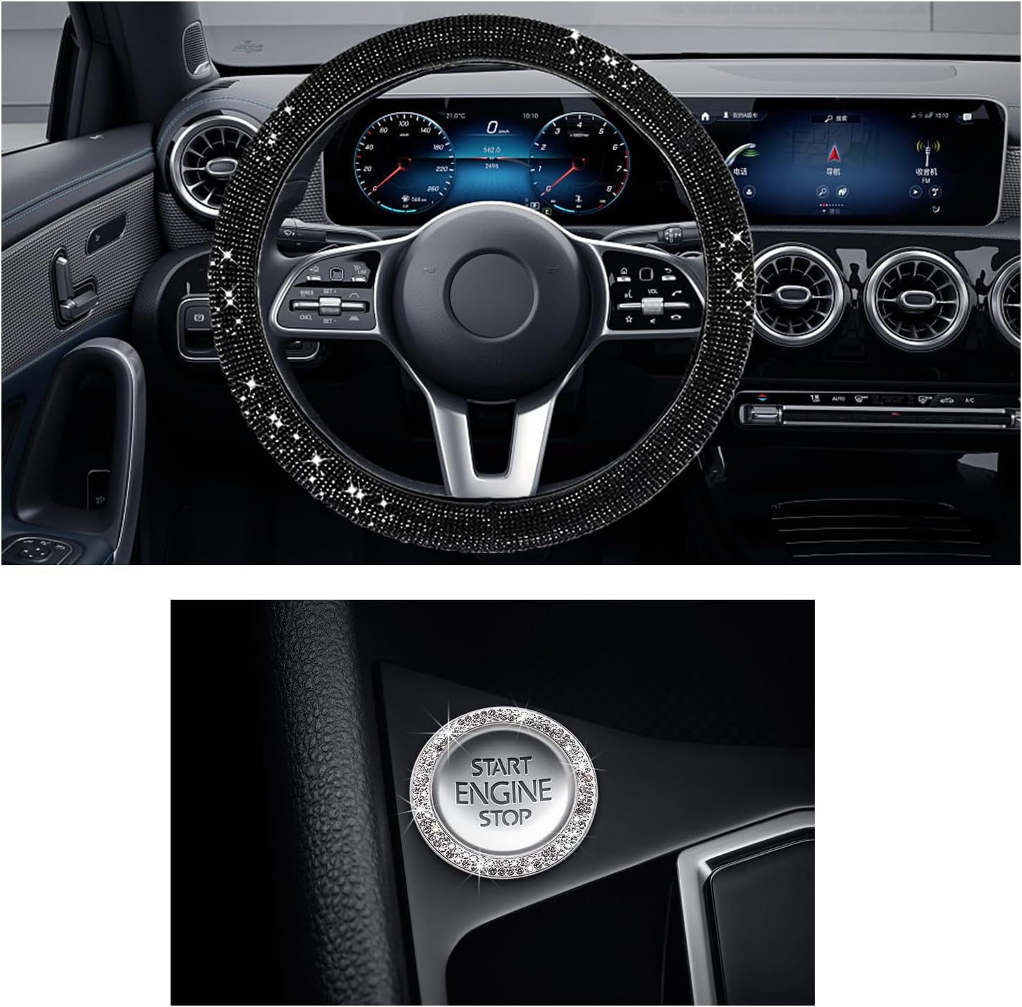 Ziciner Bling Car Steering Wheel Cover, Crystal Glitter Rhinestone Wheel Protector for Vehicle, Universal Automotive Interior Decorative Accessories with Start Button Starter Ring (Black)