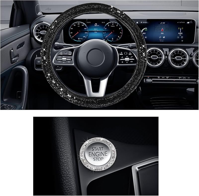 Ziciner Capa para Volante com Strass Cristal Preta e Aro Decorativo para Botão Start/Stop