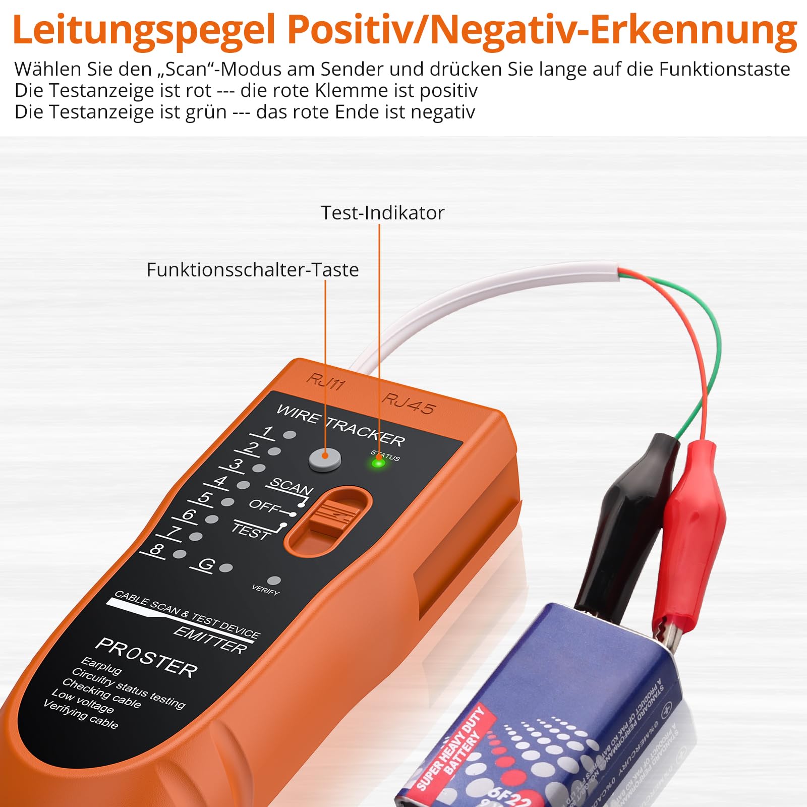Proster Netzwerkkabel Wire Tracker XQ 350 mit Kopfhörer Hochempfindlicher Handheld Telefonkabeltester Wire Tracker für LAN Ethernet BNC RJ45 RJ11 Tester -Orange