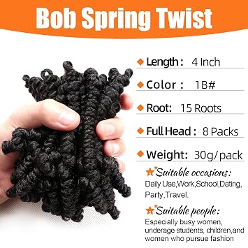 8 Packs Short Bob Spring Twist Crochet Hair 4Inch Passion Twist for Black Women(4 Inch, 1B#)