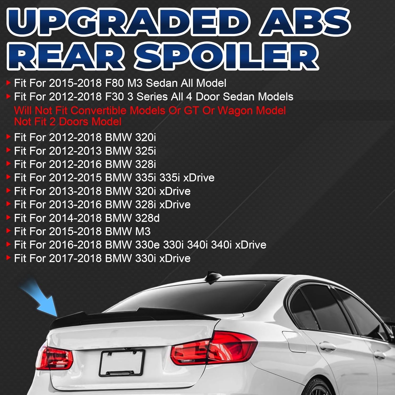 Rear Spoiler Fit for 2012-2018 BMW F30 & 2015-2018 BMW F80 M3, PSM Style Compatible with 320i 325i 328i 330i 335i 340i 335i 340i, Gloss Black