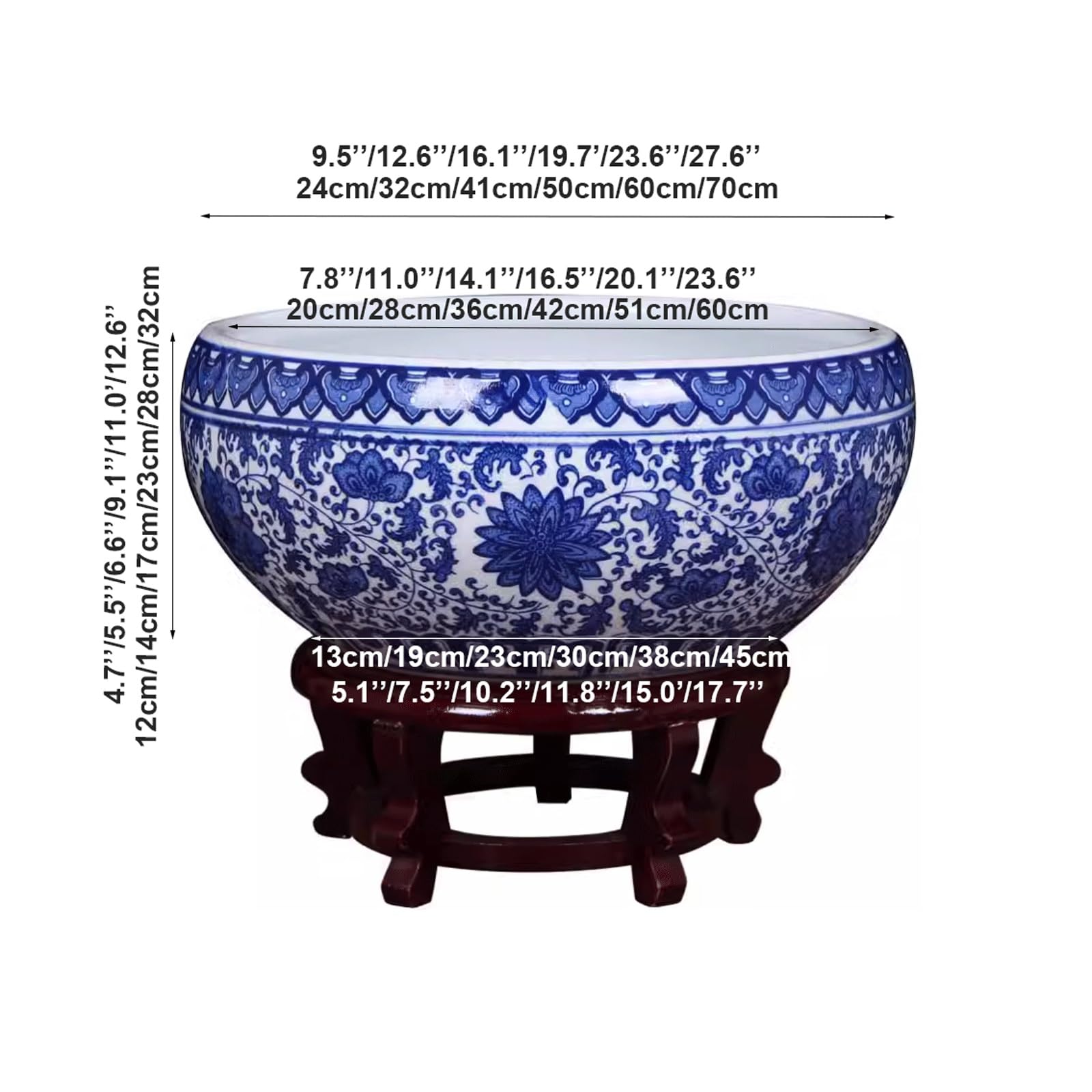 Dekoracyjna okrągła miska do lilii wodnej, niebiesko-biała porcelanowa doniczka, doniczka hydroponiczna, ceramiczna doniczka na kwiaty lotosu wodnego na stół i taras (60 x 28 cm)