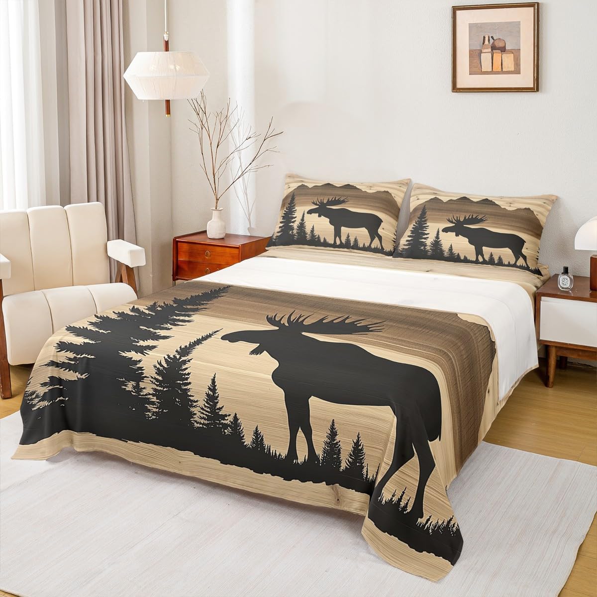Homewish Juego de sábanas para cama de matrimonio con diseño de ciervo de caza, ropa de cama rústica para cabaña y cabaña, juego de sábanas de 4 piezas