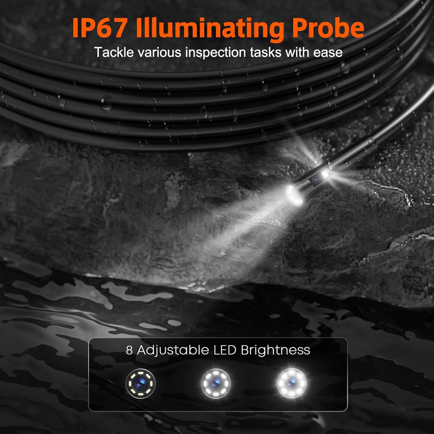 Triple Lens Inspection Drain Camera, 5" IPS Split Screen Borescope with Light & 32GB Card, 1080P HD Sewer Camera 16.5FT Semi-Rigid Cable, IP67 Plumbing Snake Endoscope Probe for HVAC + Case