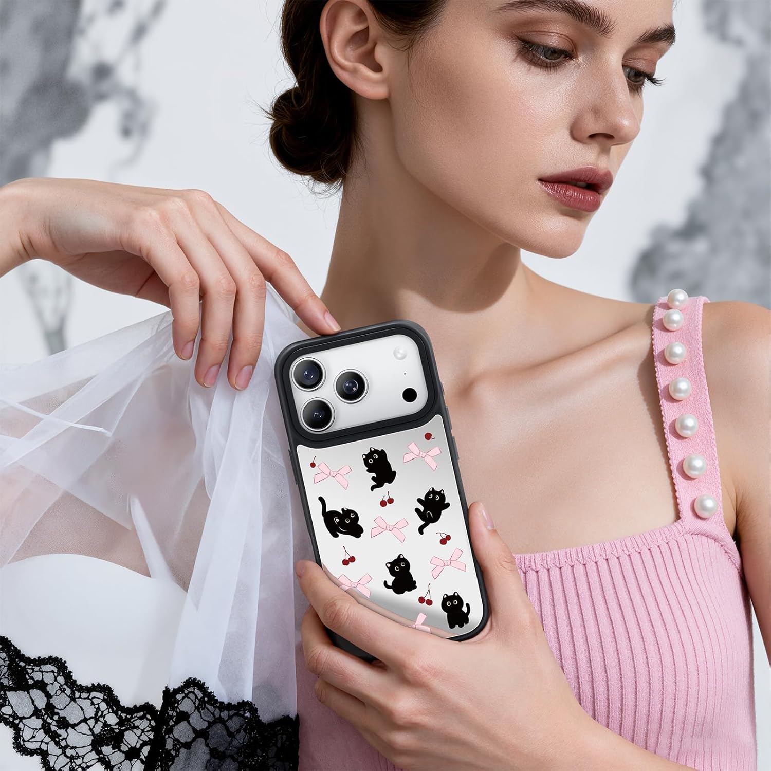 NIMASO for iPhone 17 Pro Case, Mirror Phone Case with Black Cat Pattern, Compatible with MagSafe, Glossy Hard Back, Cute Case for Women Girls