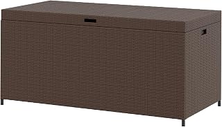 MAXXPRIME Large Patio Storage Box with Waterproof Inner, 140 Gallon Outdoor Wicker Storage Bin for Cushions, Garden Tools, Pool Toys, Aluminum Frame, Brown