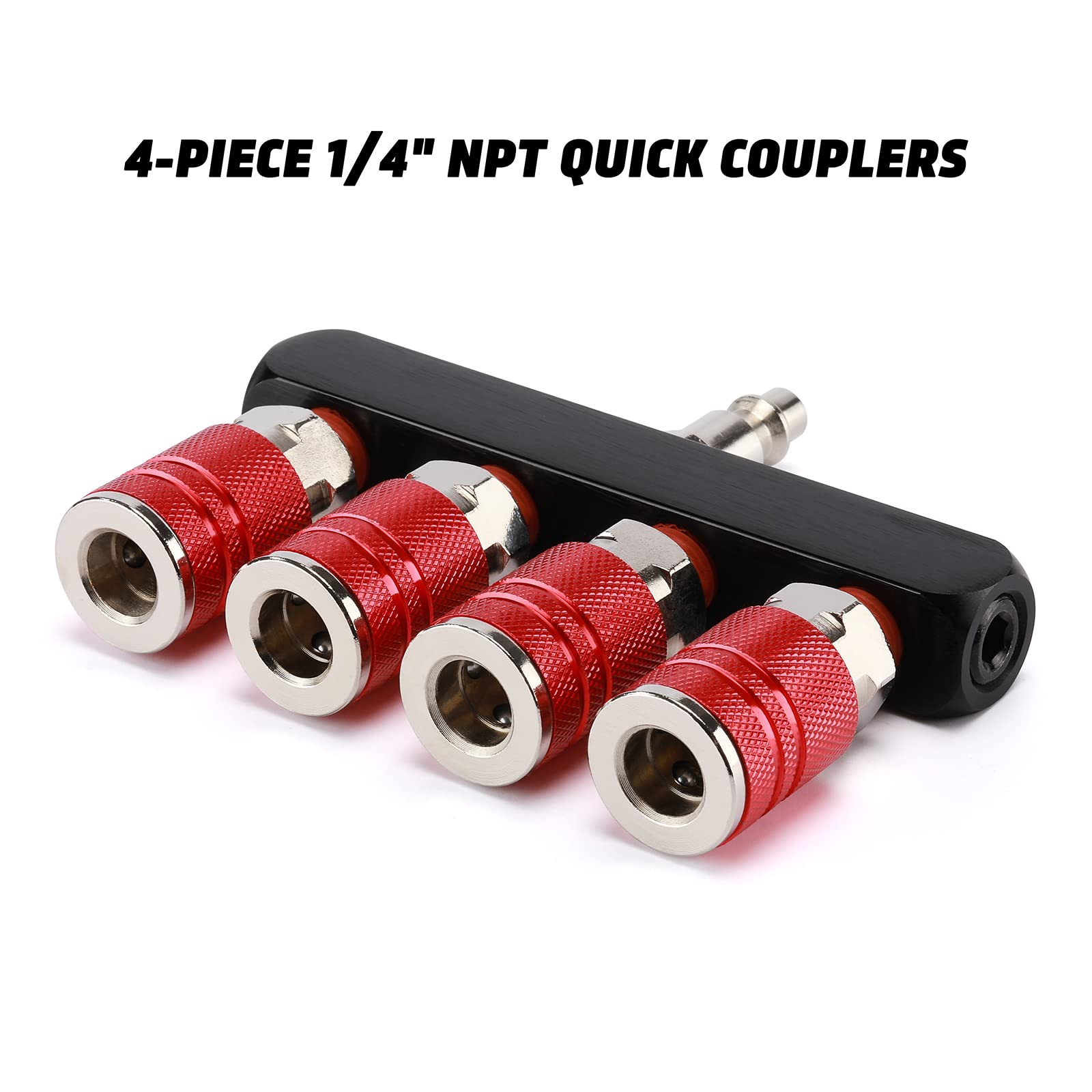 2 x gerader 4-Wege-Luftverteiler, Leitungstyp-Luftkompressor-Verteiler mit 4 Kupplungen und 6,35 mm MNPT-Stecker, 1/4 Zoll NPT Luftarmaturen, Rot und Blau, 2 Stück