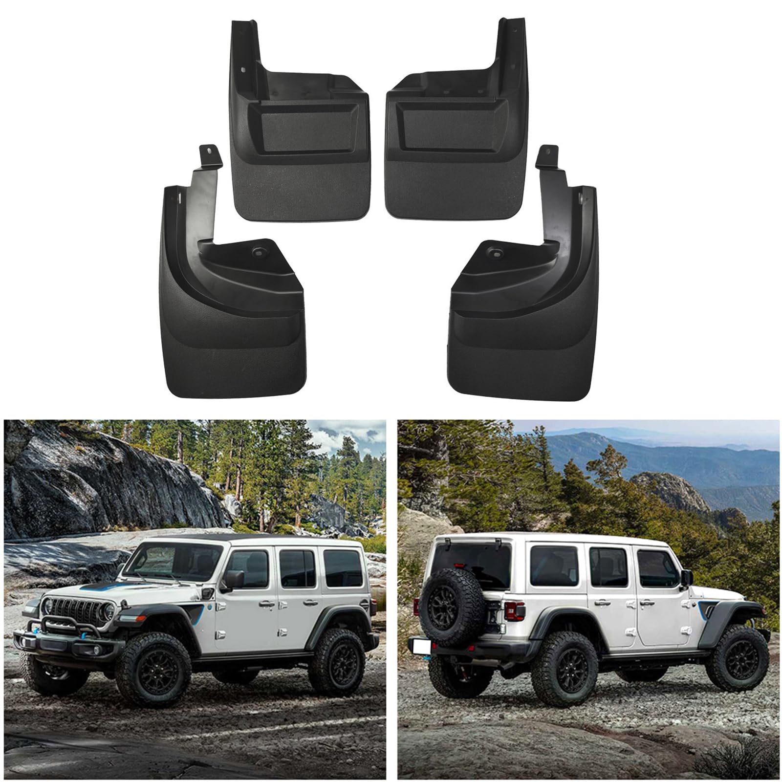 Lot de 4 bavettes garde-boue de voiture compatibles avec Jeep Wrangler Rubicon 2019-2025 en polypropylène robuste, sans perçage, sans ruban adhésif