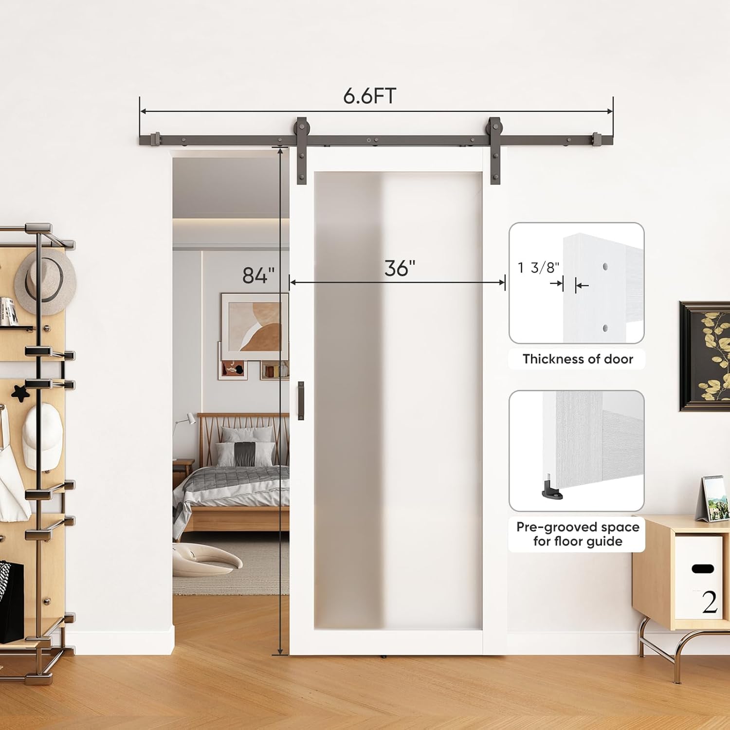 BARNSMITH 36in x 84in 1-Lite Frosted Glass White Barn Door with 6.6FT Sliding Door Hardware Kit Included, Tempered Glass Solid Wood Barn Door Water-Proof PVC Surface,No Assembly Required