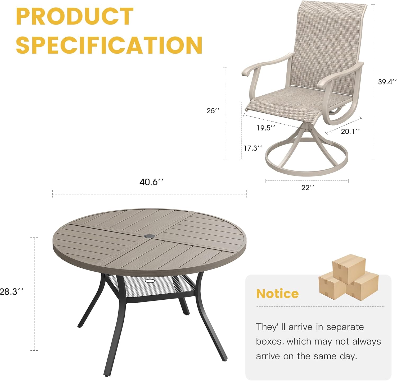 VICLLAX 5 Pieces Patio Dining Set for 4, Outdoor Furniture Set Includes 40.6" Square Outdoor Table and 4 Patio Swivel Chairs for Lawn Garden, Sandshell Tabletop and Fabric